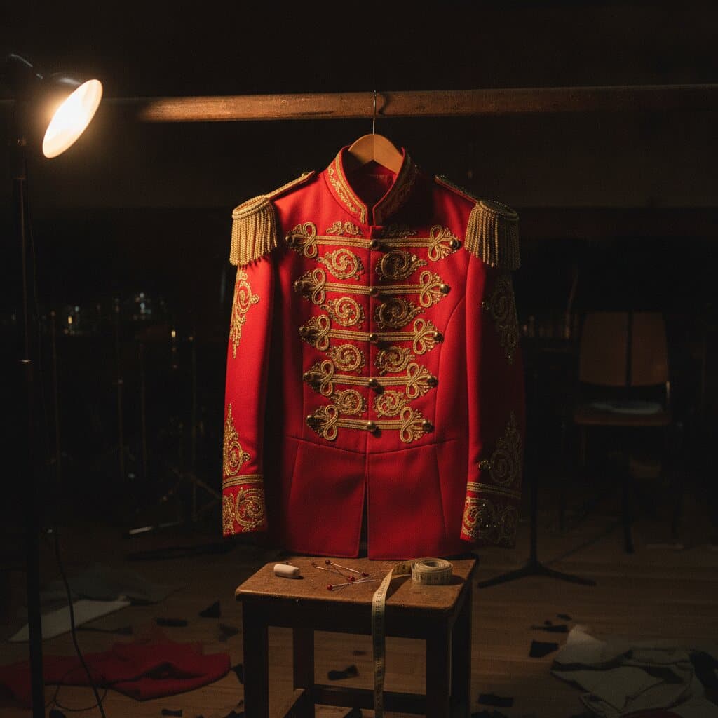 Frisch geschneiderte rot-goldene Gardeuniform auf einem Bügel in einem dunklen Probenraum, Schneiderkreide und Massband auf einem Hocker