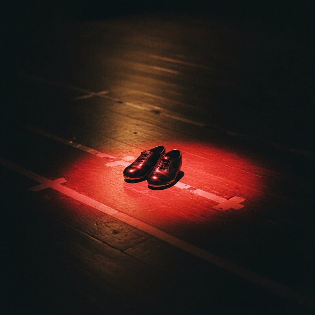 Ein Paar blank geputzte Tanzschuhe auf einem abgenutzten Bühnenboden mit Klebemarkierungen, angeleuchtet von einem roten Scheinwerferkegel