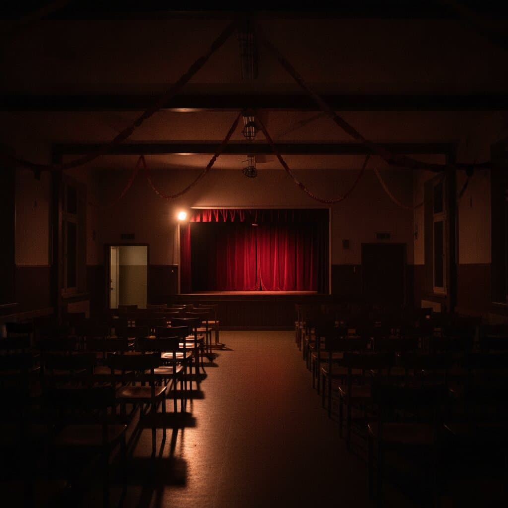 Schlichte Mehrzweckhalle mit Stuhlreihen, Papierschlangen unter der Decke und einer niedrigen Bühne mit rotem Vorhang