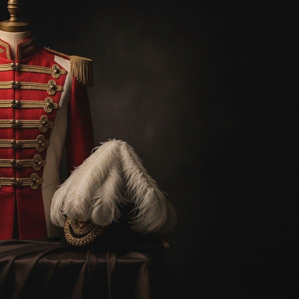 Rot-goldene Gardeuniform auf einer Schneiderpuppe, daneben eine Kappe mit weissem Federbusch, im Halbdunkel von der Seite angeleuchtet