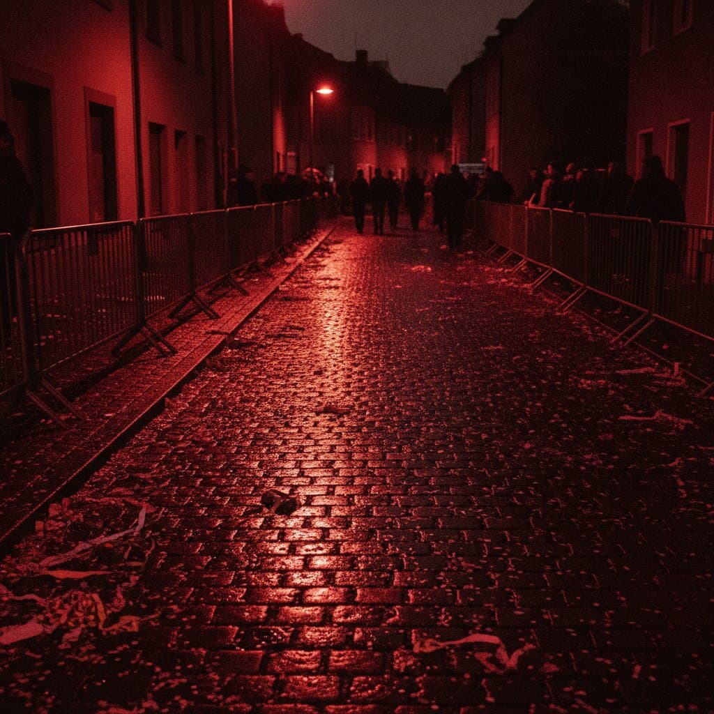 Nasses Kopfsteinpflaster nach einem Karnevalszug, Konfetti und Papierschlangen auf dem Asphalt, Absperrgitter und eine Straßenlaterne im Abendlicht