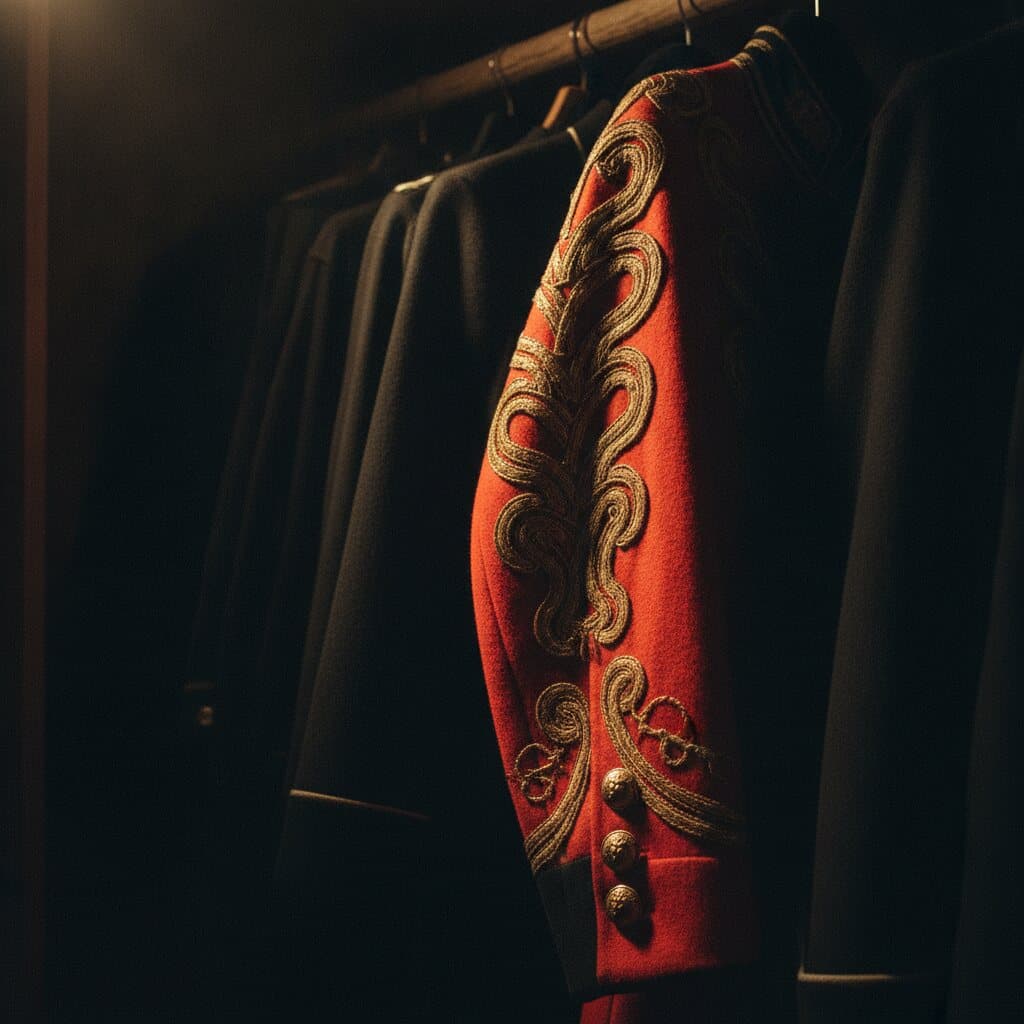 Detail eines roten Uniformärmels mit dichter Goldlitze und Messingknöpfen an einer Holzstange in einer dunklen Garderobe